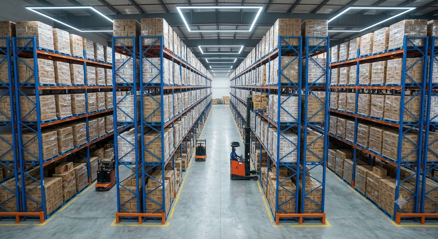 Interior of Barkat Corporation's warehouse with stocked pallet racking